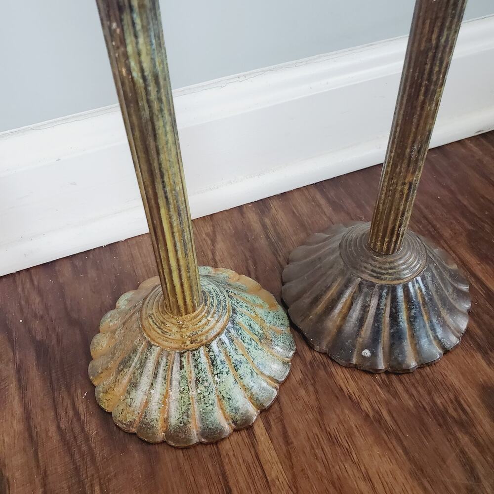 Vintage 80s Large Candle Holders Set X Two Antique Bronze Patina 19" & 13" Decor - Picture 4 of 11